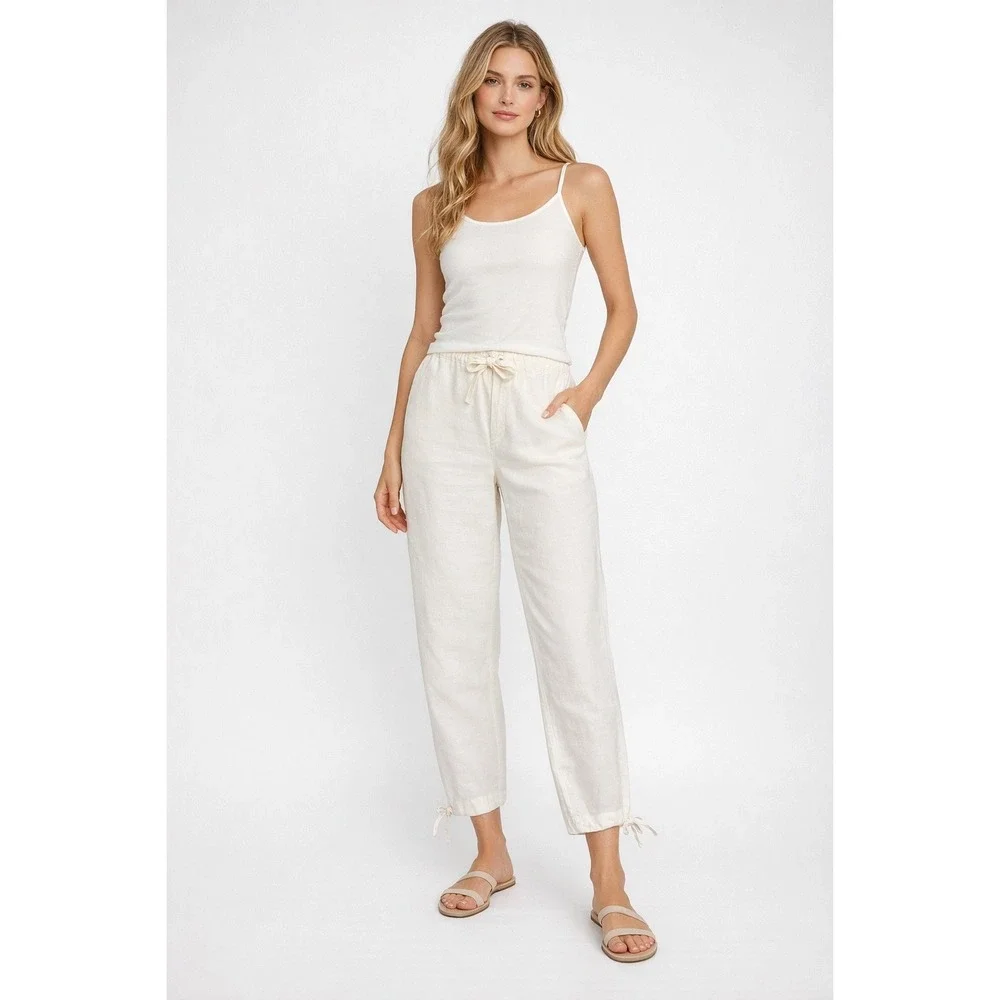 Banana Republic Linen Pants Size 8 Ivory Drawstring Cropped‎ Tie Ankle Beach